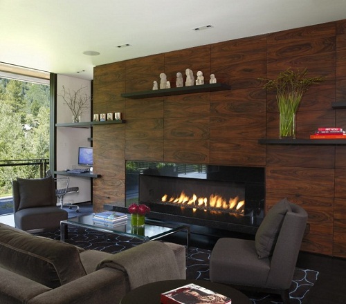 Salón con chimenea moderna en tonos oscuros chimenea moderna en tonos oscuros